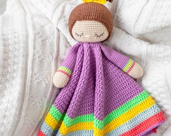 Niña arco iris lovey patrón pdf muñeca de ganchillo felpa manta de seguridad patrón amigurumi manta arco iris juguete bebé guardería idea de regalo