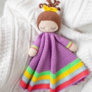 Little girl rainbow lovey pdf pattern crochet doll plush security blanket amigurumi pattern rainbow blanket toy baby nursery gift idea image 1