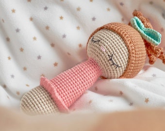 Litttle girl crochet rattle plush toy pdf pattern amigurumi rattle plush pattern baby rattle tutorial nursery room toy baby shower gift idea