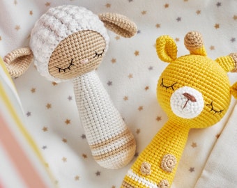 Set of 2 crochet rattles pattern baby rattle amigurumi pattern crochet giraffe pattern crochet sheep pattern baby nursery gift plush toy