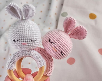 Bunny ring rattle crochet PDF pattern sleeping bunny amigurumi digital  PDF tutorial  animal ring baby rattle plush toy