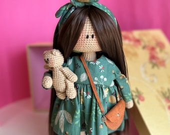 Black haired doll in dress for sale, crochet doll with long hair, interior doll for sale, handmade doll in dress, black haired doll