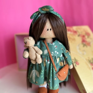 Black haired doll in dress for sale, crochet doll with long hair, interior doll for sale, handmade doll in dress, black haired doll image 1