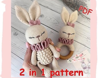 Tactile Bunny in crochet english pattern baby plush and rattle  amigurumi scheme