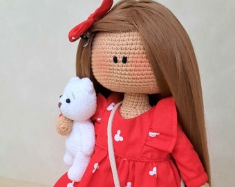 Doll with realistic long hair in sewed clothes crochet doll in red dress lifelike hair interior doll unique gift idea for girls