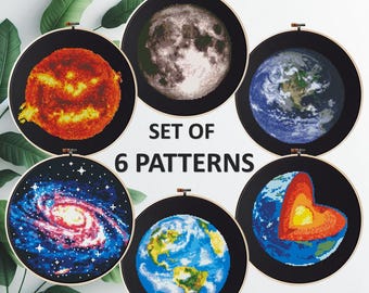SET of 6 cross stitch patterns, pdf space, galaxy, universe, stars, sun, moon, earth, planets