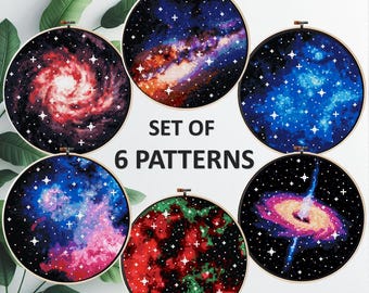 SET of 6 cross stitch patterns, pdf space, galaxy, universe, stars, sun, moon, earth, planets
