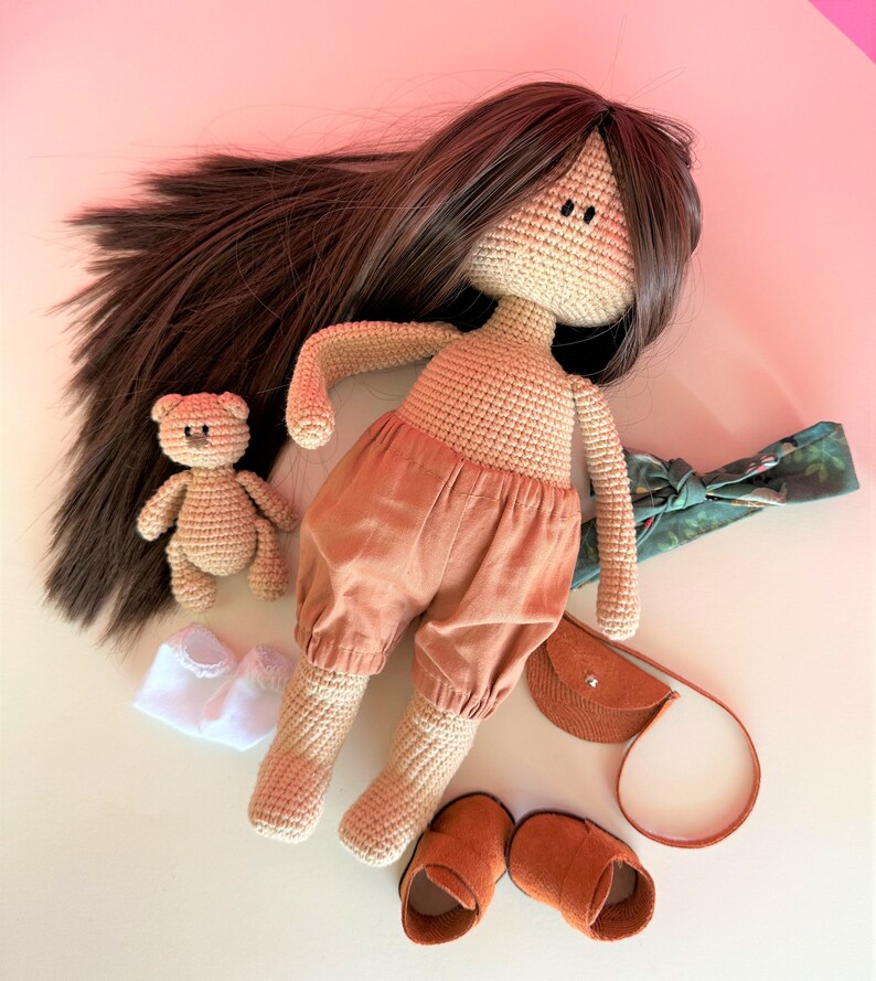 Black haired doll in dress for sale, crochet doll with long hair, interior doll for sale, handmade doll in dress, black haired doll image 8