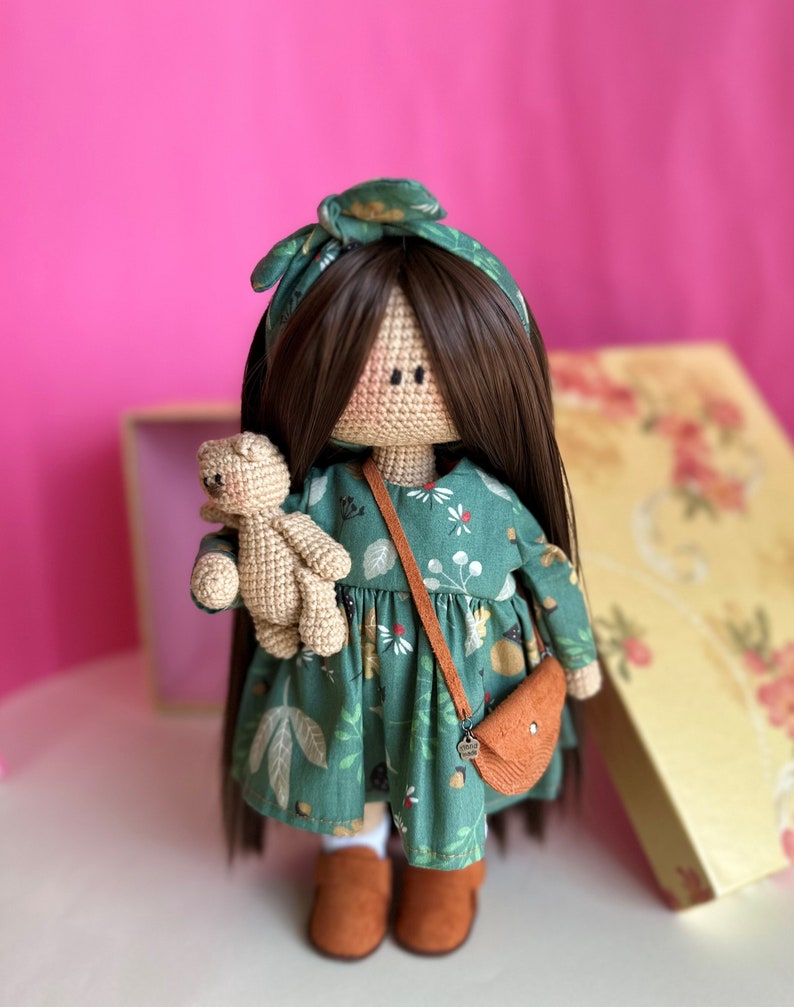 Black haired doll in dress for sale, crochet doll with long hair, interior doll for sale, handmade doll in dress, black haired doll image 1