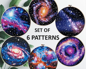 SET of 6 cross stitch patterns, pdf space, galaxy, universe, stars, sun, moon, earth, planets