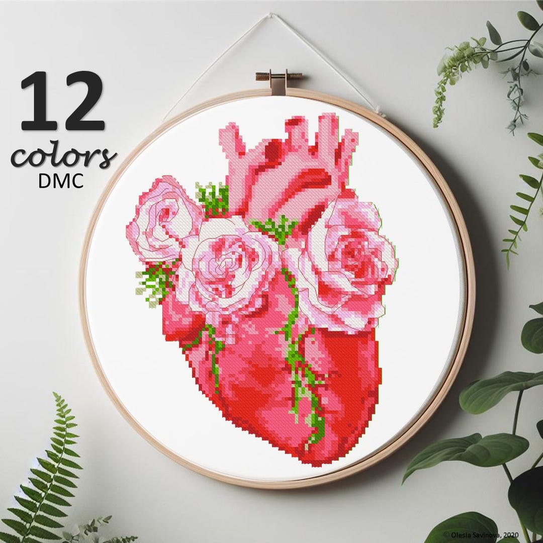Entrails Pattern Modern Cross Stitch Pattern Chart Pdf, Floral Heart Flowers Human ...