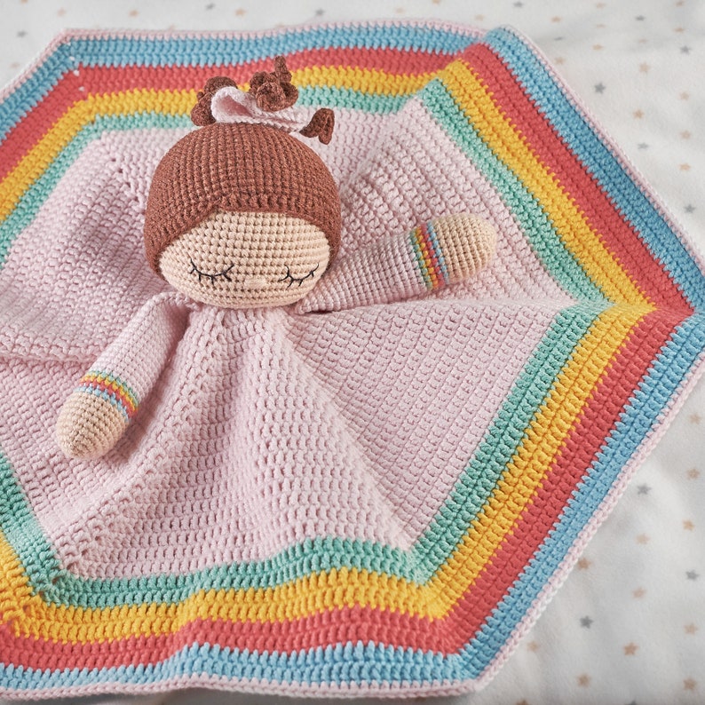 Little girl rainbow lovey pdf pattern crochet doll plush security blanket amigurumi pattern rainbow blanket toy baby nursery gift idea image 5