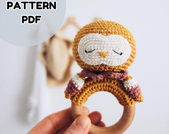 Sleepy Owl ring rattle plush toy amigurumi pattern baby owl crochet scheme animals baby shower gift