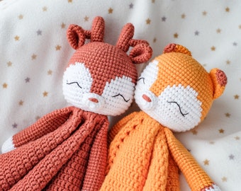 Set of 2 crochet lovey patterns deer lovey patterns Fox lovey patterns security animals blanket pdf amigurumi comforter plush toy.