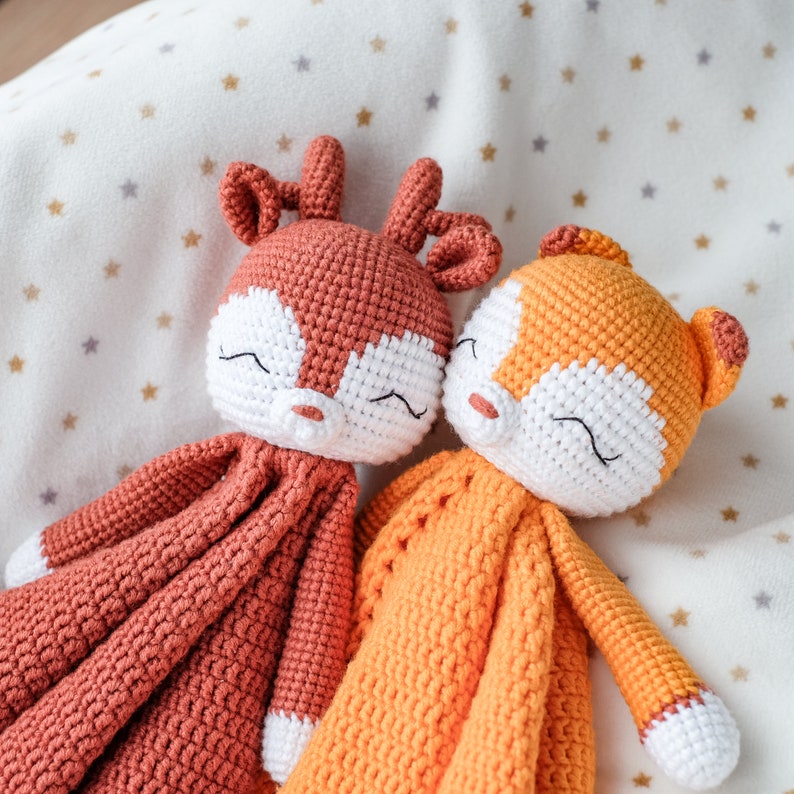 Set of 2 crochet lovey patterns deer lovey patterns Fox lovey patterns security animals blanket pdf amigurumi comforter plush toy. image 1