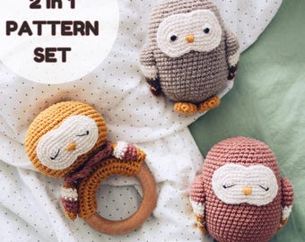 Sleepy Owl ring rattle and plush 2 in 1 amigurumi pattern  set cute owl bird crochet scheme small animals baby shower gift set