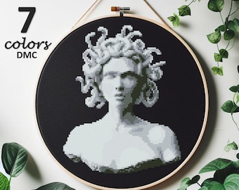 May include: A cross-stitch embroidery of a bust of Medusa, displayed in a wooden hoop. The artwork features a black background and a grayscale image of the mythological figure. The text "7 colors DMC" is in the upper left corner.