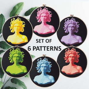 Medusa Gorgon: KIT 6 Cross Stitch Patterns Inspired by Ancient Sculpture with a Modern Twist! Easy cross stitch chart, craft gift DIY.