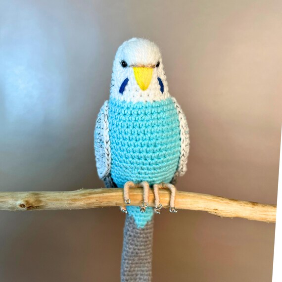 スカイブルーのセキセイインコ、リアルなあみぐるみ、セキセイインコの