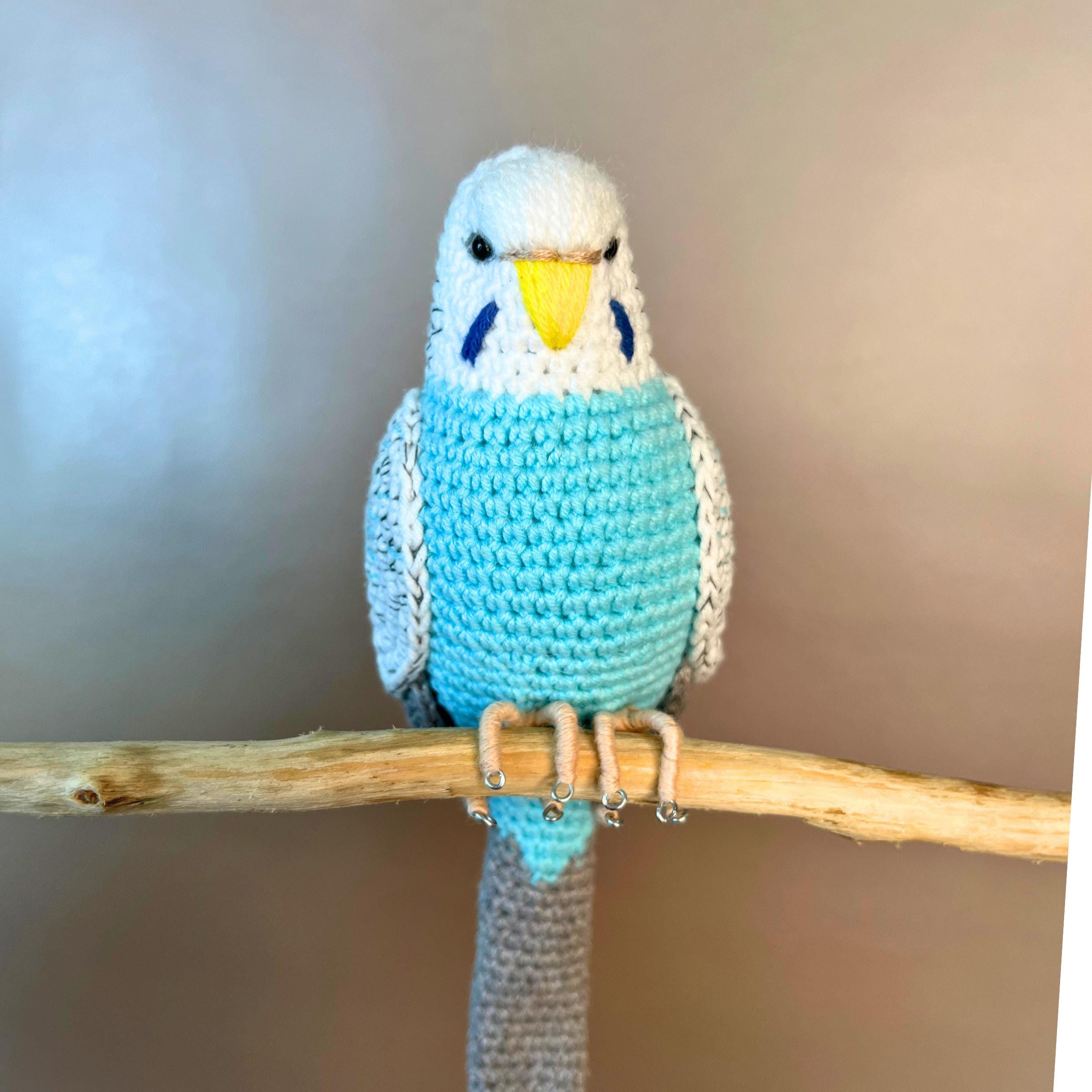 スカイブルーのセキセイインコ、リアルなあみぐるみ、セキセイインコの