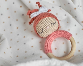 Liitle girl ring rattle plush crochet english pattern  baby ring rattle pattern amigurumi crochet toy pdf baby nursery gift idea