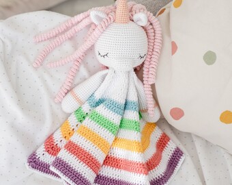 Unicornio arco iris lovey pdf patrón crochet lindo unicornio seguridad arco iris manta pdf amigurumi manta juguete bebé guardería idea de regalo