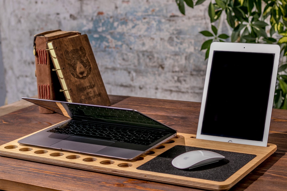 Laptop Organizer Holder Stand Wooden Tray Macbook Lapdesk Etsy