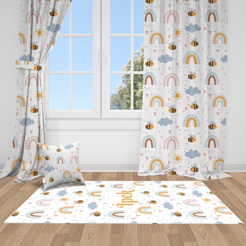 Bee Curtains, Nursery Curtains, Nursery Room Curtains, Window Drapes, Curtains for Baby Girl, Blackout Curtains, Custom Curtains, Curtains for Baby Boy, Custom Printed Curtains, Nursery Room Decor, Nursery Blackout Curtains, Rainbow Curtains