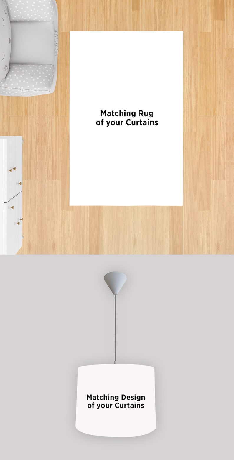 K&ouml;nnte beinhalten: Ein wei&szlig;er Teppich mit dem Text "Matching Rug of your Curtains" und eine wei&szlig;e Pendelleuchte mit dem Text "Matching Design of your Curtains".