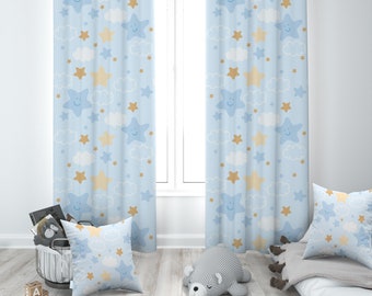 Smiling Stars, Soft Blue, Nursery Curtains, Nursery Room Curtains, Windows Curtains, Baby Room Curtains, Single Panel, Baby Boy