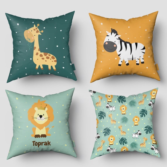 Safari Animals, Set of 4, Nursery Room Pillow Covers, Cushion Covers,  Custom Pillow Cases, Baby Room Pillow Covers, Kids Room Pillow Covers