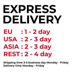 May include: Express delivery times for different regions: EU 1-2 days, USA 2-3 days, Asia 2-3 days, Rest of the world 2-4 days. Shipping time is 3-5 business days, Monday through Friday. Delivery time is Monday through Friday.