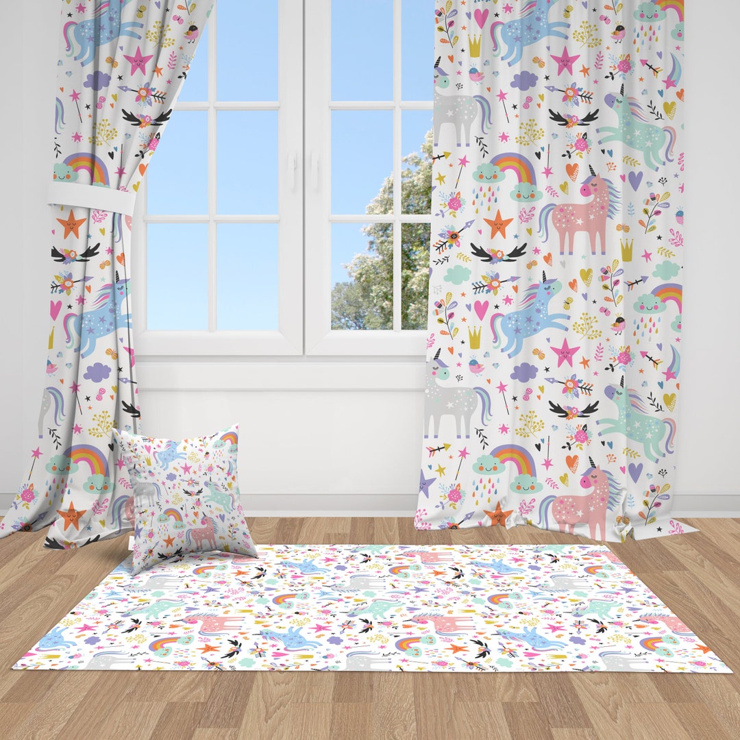 Colorful Unicorns Nursery Curtains, Nursery Room Curtains, Window