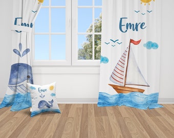 Watercolor Sea and Whale, Nursery Curtains, Nursery Room Curtains, Window Curtains, Baby Room Curtains, Nursery Curtains, Curtains