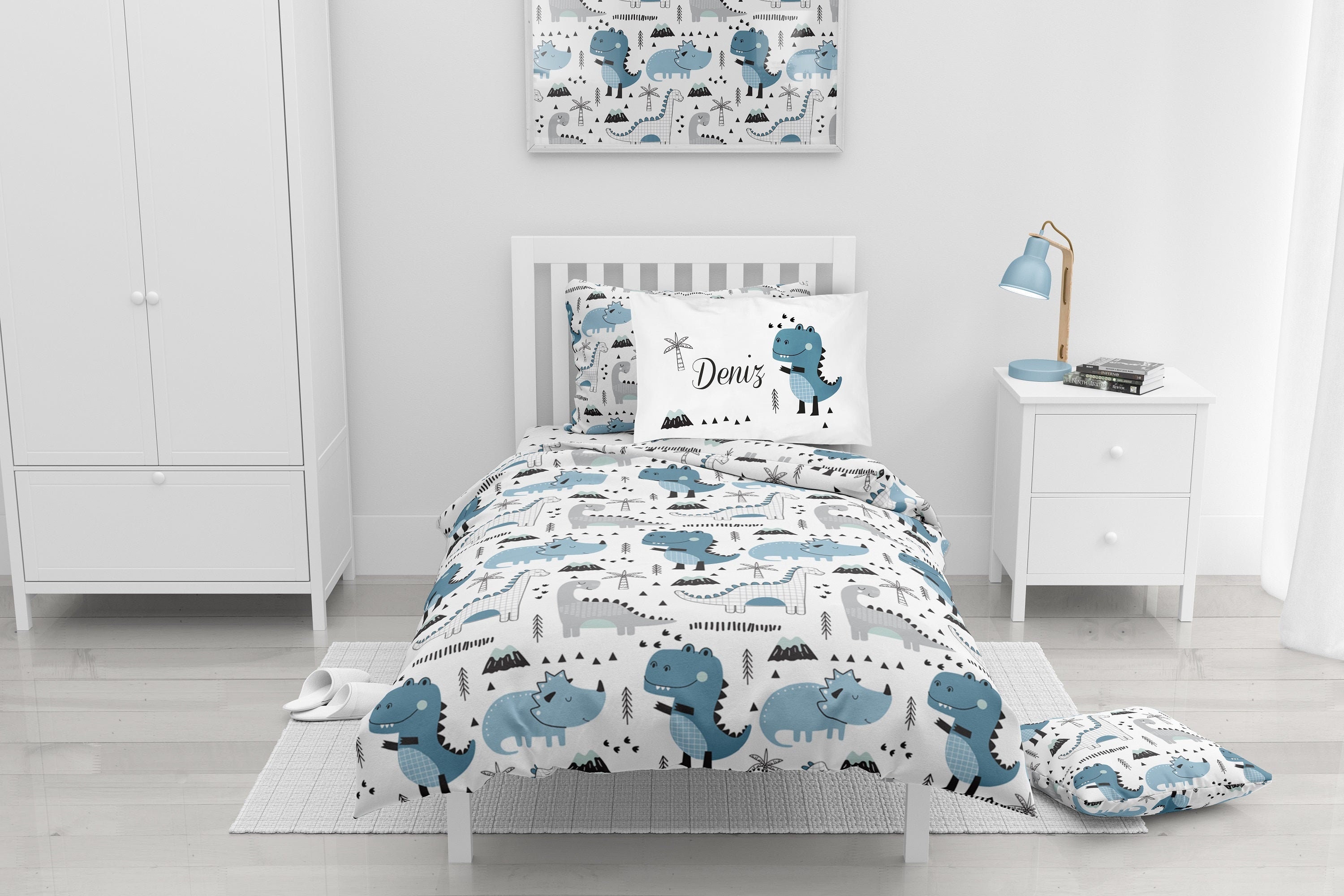 Dinosaurier Bettwäsche-Set Für Einzelbett – Blau, Mit T-Rex & Triceratops Motiv