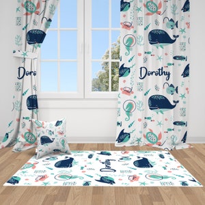 Whale Curtains, Blue Curtains, Scandinavian, Blackout Curtains, Nursery Curtains, Window Drapes, Curtains for Baby Boy, Curtains Baby Girl