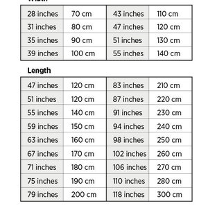 May include: Size chart for curtains in inches and centimeters. The chart shows the width and length of curtains in both inches and centimeters. The chart also includes a note that any length size can be made.