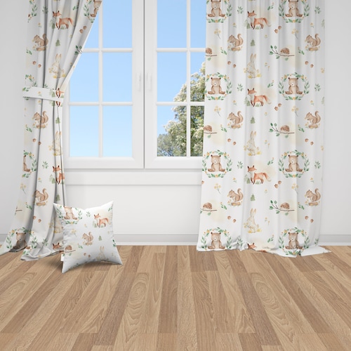 Woodland Nursery Curtains Baby Room Curtains Bear Fox Etsy