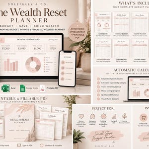 May include: The Wealth Reset Planner digital bundle includes a monthly budget dashboard, income and expense trackers, and debt trackers. The set features printable and fillable PDF pages, Excel and Google Sheets compatibility, and visual charts for financial tracking.