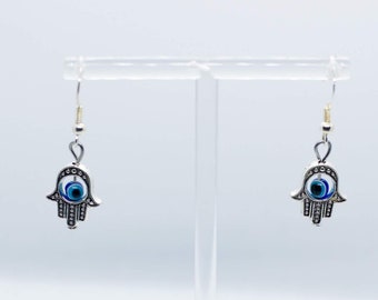 Hamsa Nazar Evil Eye Earrings • Spirituality, silver drop earrings, jewelry for her, gift for girlfriend, gift for partner, pagan gift