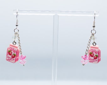 Strawberry milk bead crystal dangle earrings • silver drop earrings, jewelry for her, gift for girlfriend, gift for partner