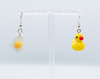 Cute Kawaii Duck and Egg Earrings Animal Earrings Food Earrings • silver drop earrings, gift for girlfriend, unisex jewelry