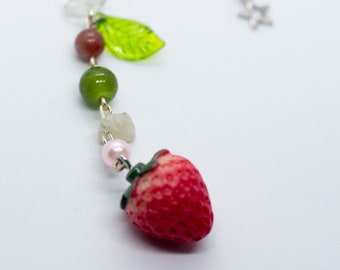 Cute Kawaii Strawberry Keychain • Fairycore, Food, Fruit, long beaded keychain, jewelry for her, gift for girlfriend, gift for partner