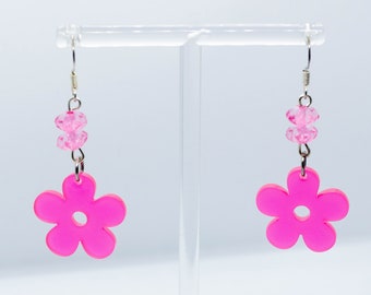 Bright Pink Flower Earrings - Fun, Cute, Jewelry for her, Gift for girlfriend