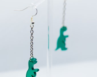 Cute Kawaii Colourful Dinosaur chain earrings • silver drop earrings, gift for girlfriend, gift for boyfriend