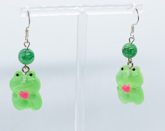 Cute Kawaii Froggy Earrings • Animal Green Accessories cottagecore silver drop earrings, jewelry for her, gift for girlfriend