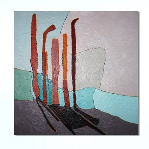 May include: Two abstract paintings hang on a white wall. The left painting features vertical red and brown shapes with long shadows against a light blue and gray background. The right painting has vertical blue, yellow, and white shapes against a yellow and white background.