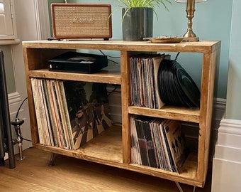 Industrial Record Unit  - Record storage - Record Player Entertainment Unit with Clear Coated Hairpin Legs