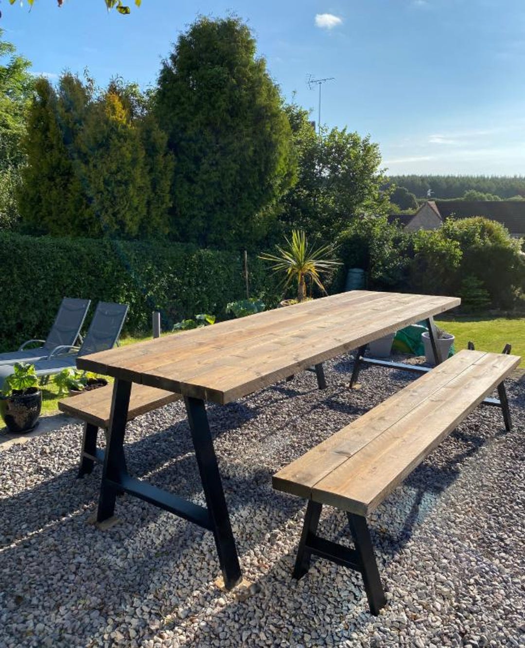 Industrial Chunky Solid Wood Outdoor Dining Table With Benches | FREE ...