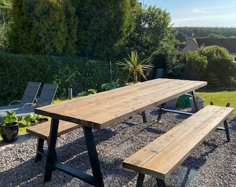 Industrial Chunky Solid Wood Outdoor Dining Table With Benches | FREE DELIVERY